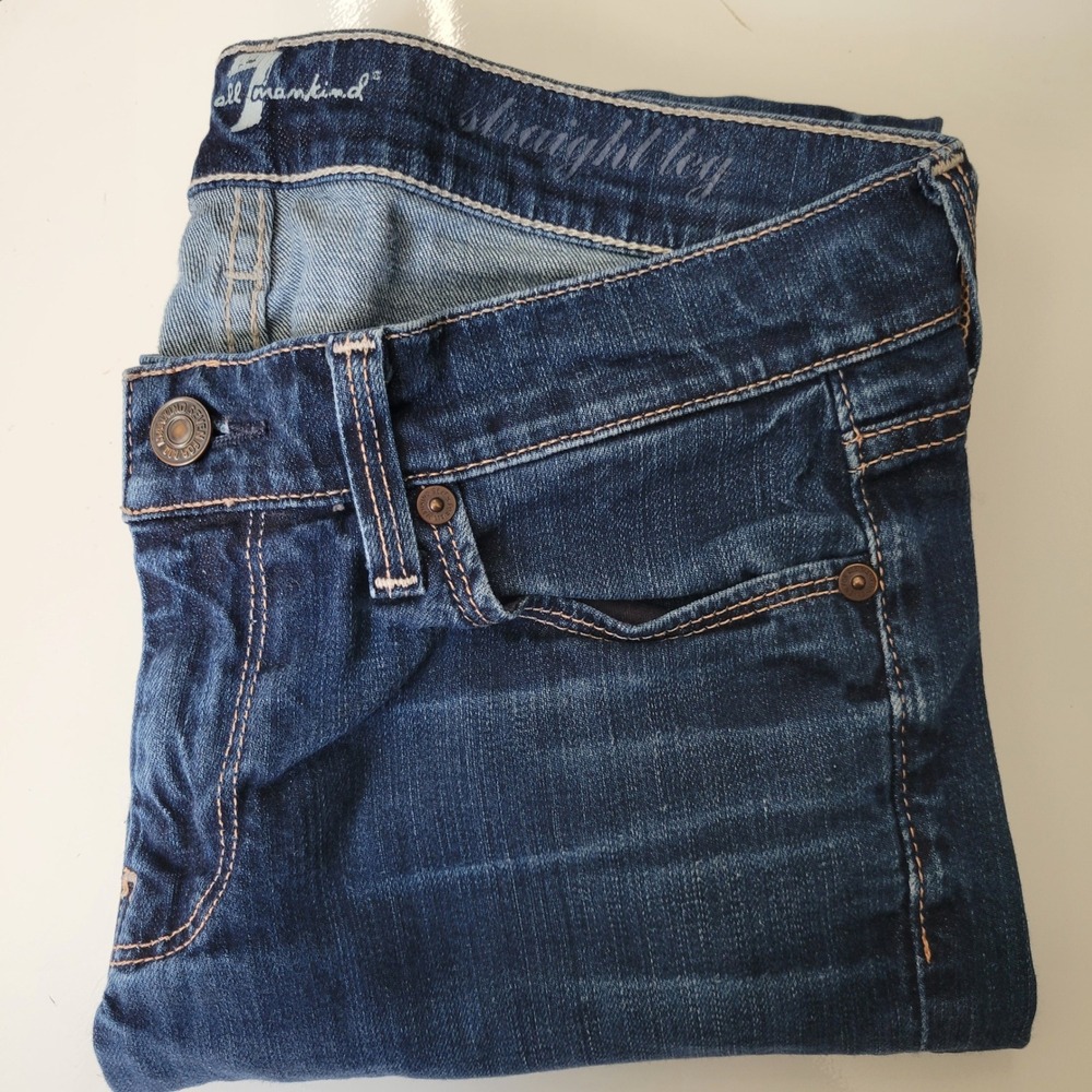 7 For All Mankind Straight Leg Jeans Dark Wash Stretch Size 27 Squiggle Pocket
